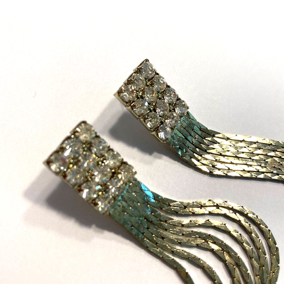 Dramatic Dressy Pierced Earrings Y2K Gold Chain White Rhinestone Runway Dangles - Picture 3 of 8